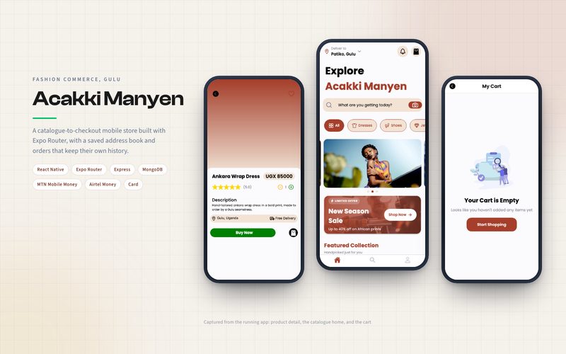 Three real screens from the running app in phone frames: the product detail page, the catalogue home, and the cart.