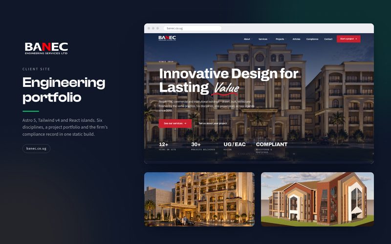 The live banec.co.ug homepage in a browser window above two photographs of completed BANEC building projects.