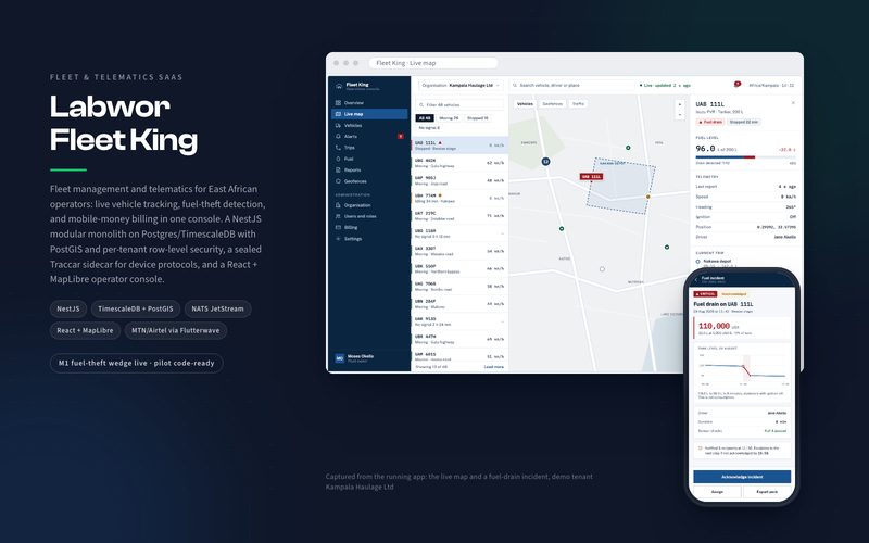 The Fleet King live map in a browser window, vehicle list and map view, alongside a fuel-drain incident opened on a phone.