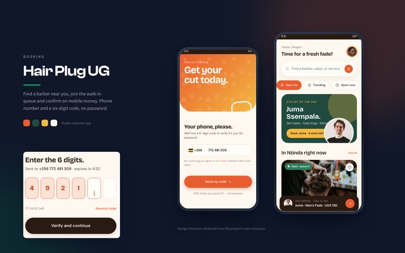 Hair Plug UG app screens: phone number sign-in with a six-digit code, and the discovery feed showing nearby salons with live walk-in queue lengths.