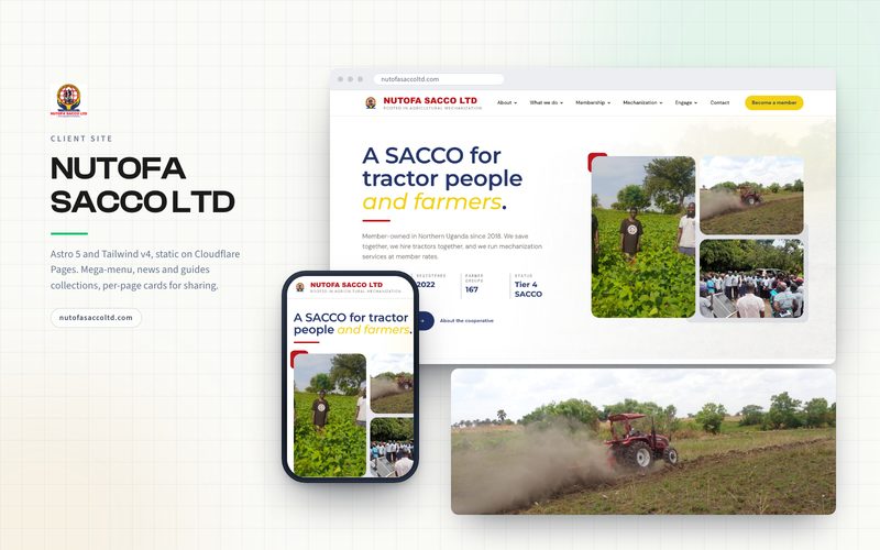 The live nutofasaccoltd.com homepage in a browser window with the same page on a phone, alongside one of the cooperative's own tractor photographs.