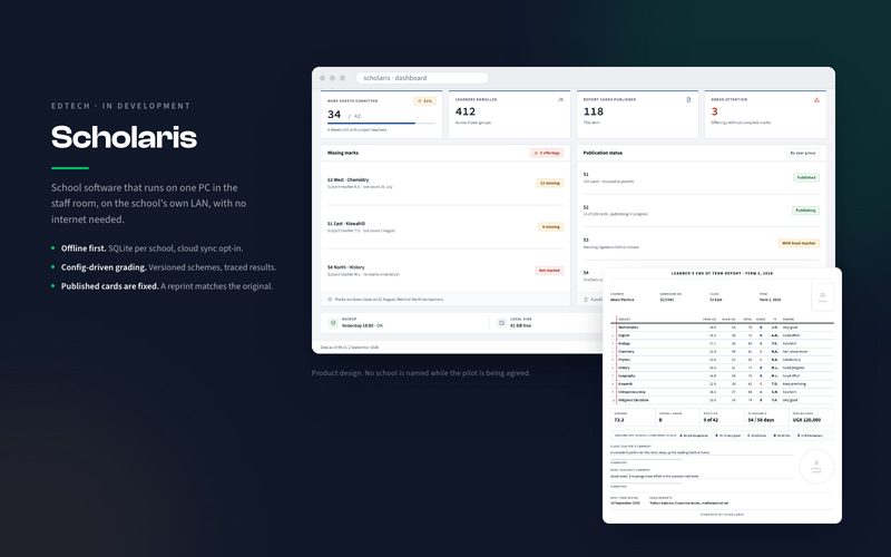 Scholaris product design showing the head teacher's dashboard of marks and publication status, and the full end of term report card.